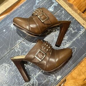 BE&D New York Studded Brown Leather Platform Mules – Size 38 (US 7.5–8)